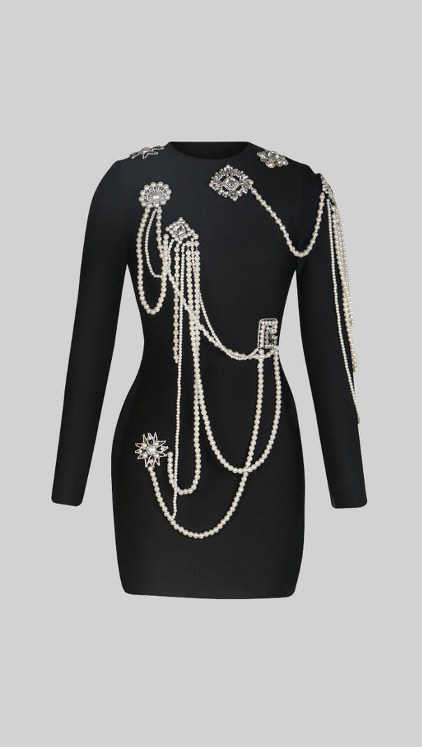 AIIZIE LONG SLEEVE DIAMOND PEARLS DRESS - BLACK - product image
