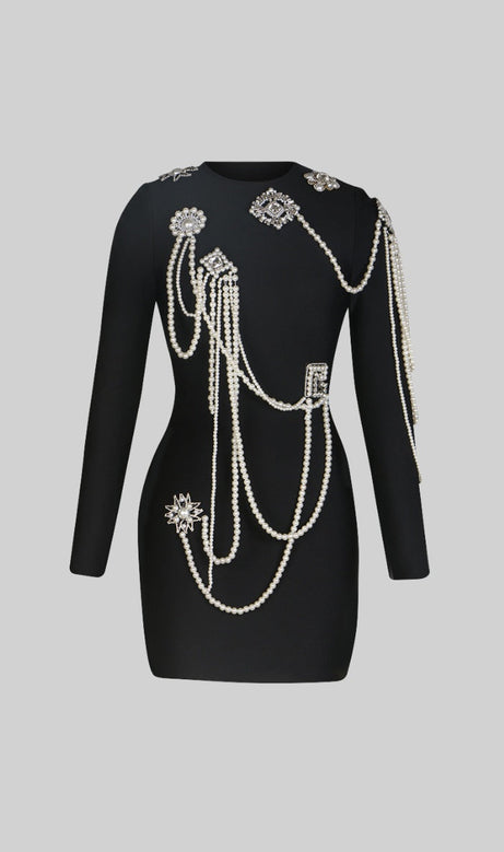 Long Sleeve Diamond Pearls Dress - Black