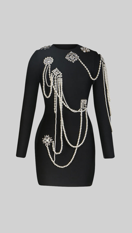 LONG SLEEVE DIAMOND PEARLS DRESS - BLACK