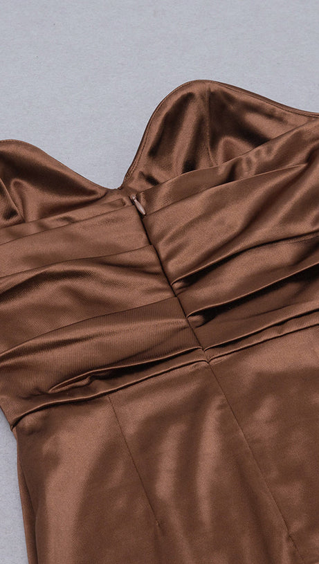 BACKLESS SPLIT TWIST-FRONT BODYCON MIDI DRESS IN BROWN