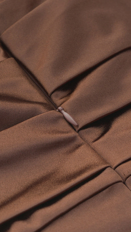 BACKLESS SPLIT TWIST-FRONT BODYCON MIDI DRESS IN BROWN