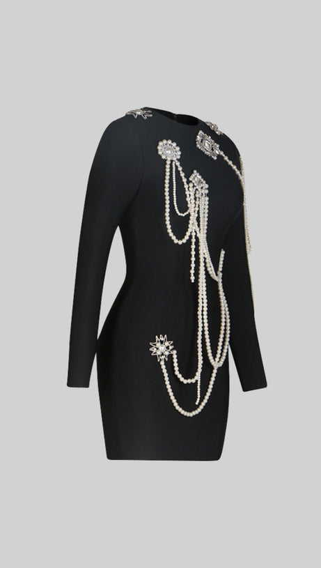 LONG SLEEVE DIAMOND PEARLS DRESS - BLACK