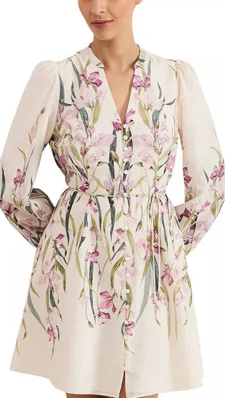 FLORAL PRINT BLOUSON SLEEVE MINI DRESS IN IVORY