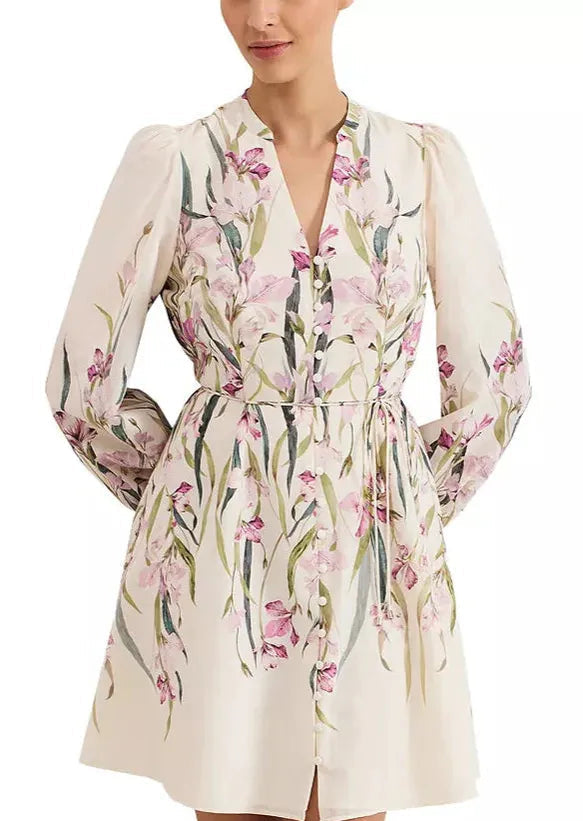 AIIZIE FLORAL PRINT BLOUSON SLEEVE MINI DRESS IN IVORY - product image