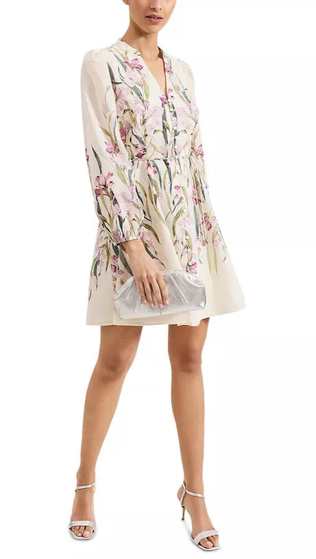 FLORAL PRINT BLOUSON SLEEVE MINI DRESS IN IVORY