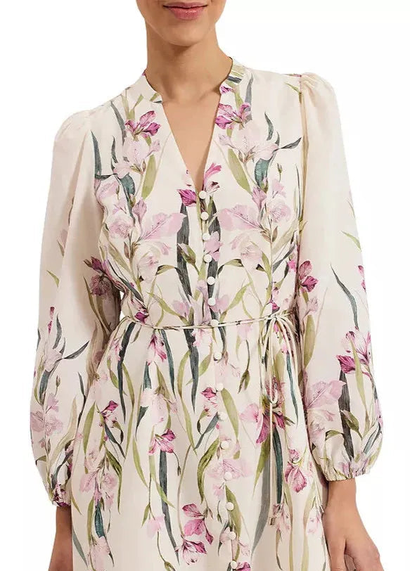FLORAL PRINT BLOUSON SLEEVE MINI DRESS IN IVORY