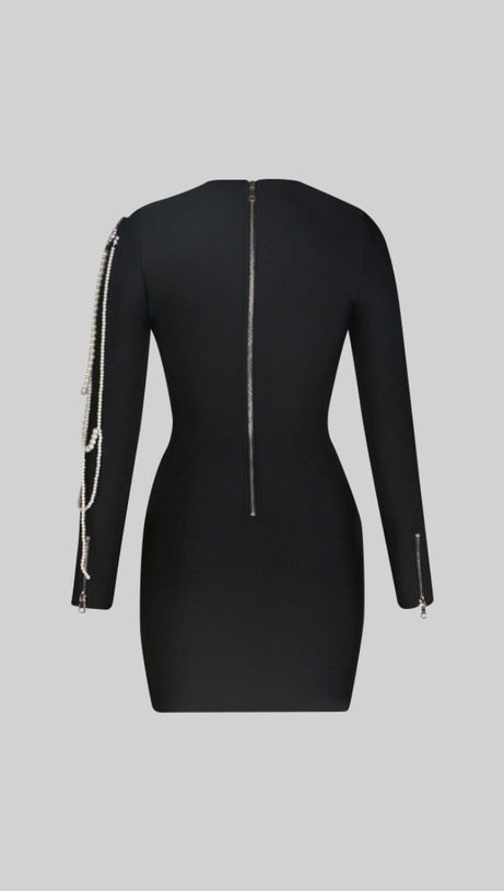 LONG SLEEVE DIAMOND PEARLS DRESS - BLACK