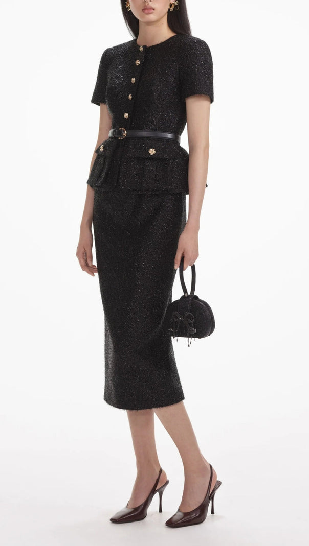 AIIZIE BLACK TINSEL BOUCLE TAILORED MIDI DRESS - product image