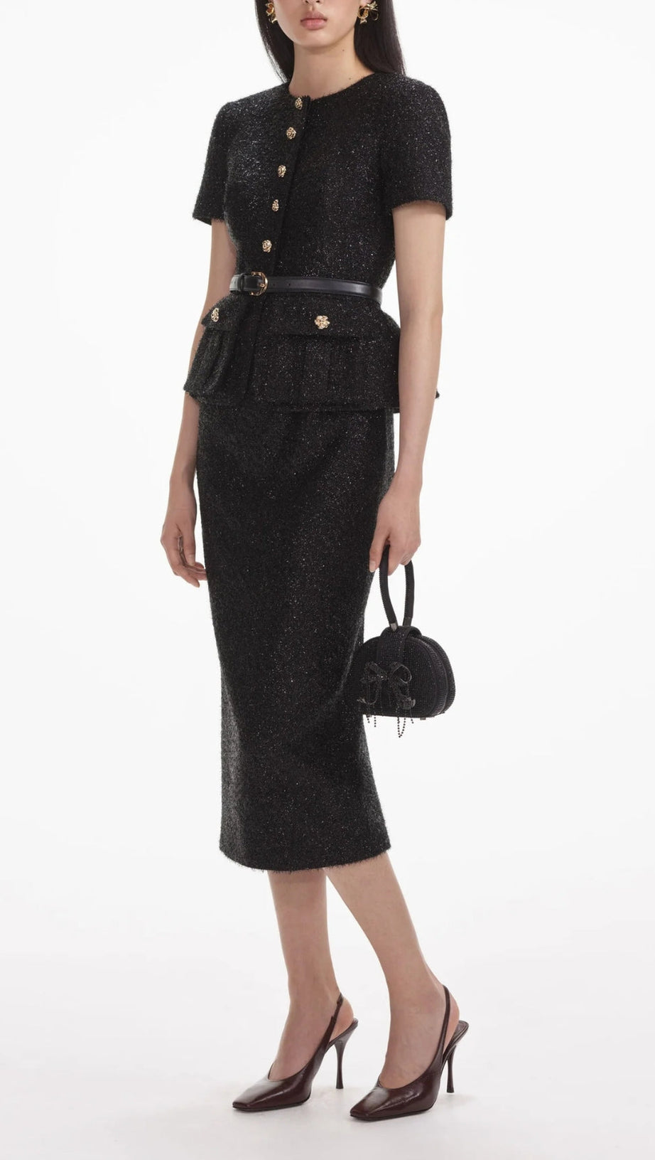 BLACK TINSEL BOUCLE TAILORED MIDI DRESS