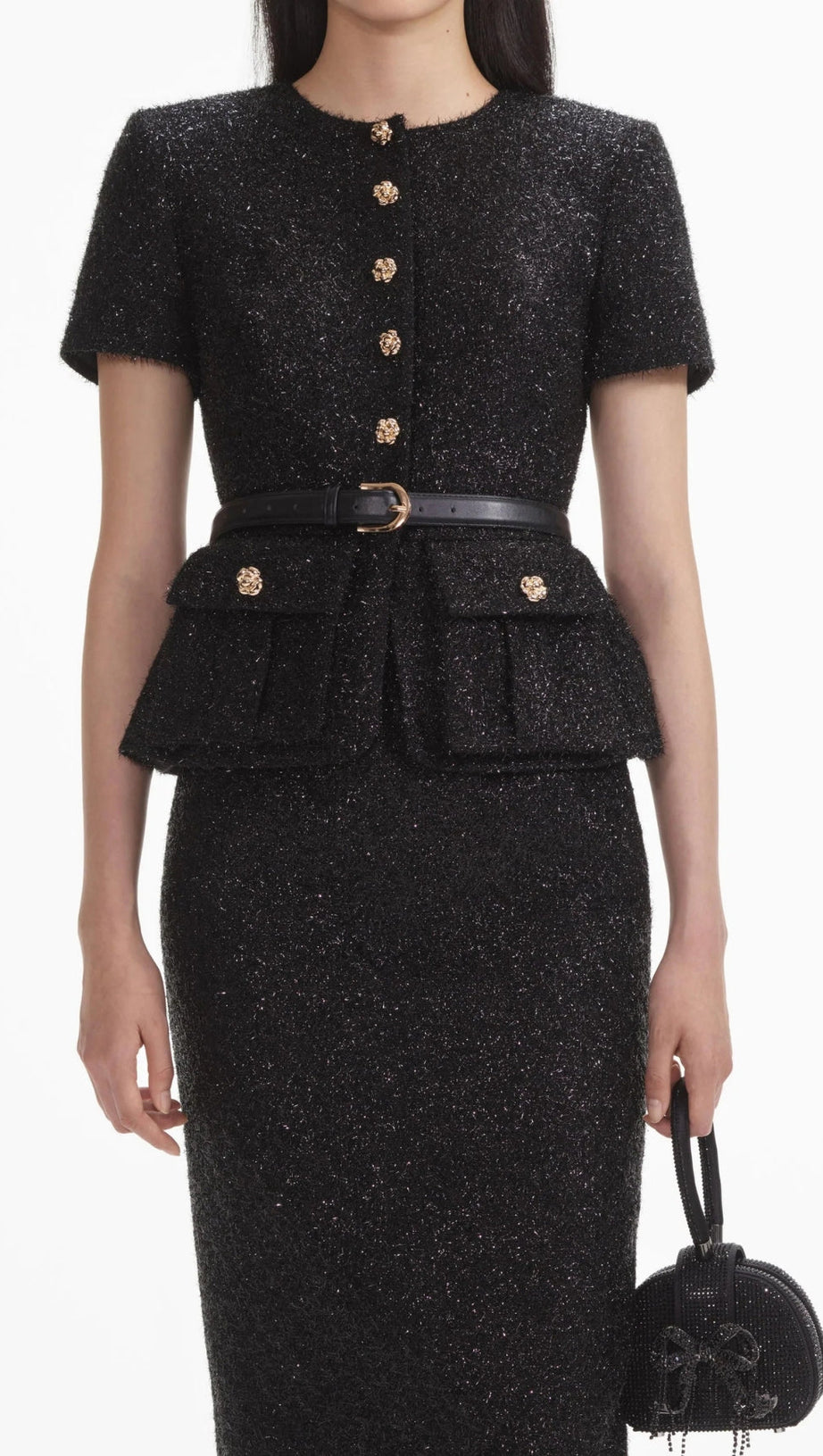 BLACK TINSEL BOUCLE TAILORED MIDI DRESS