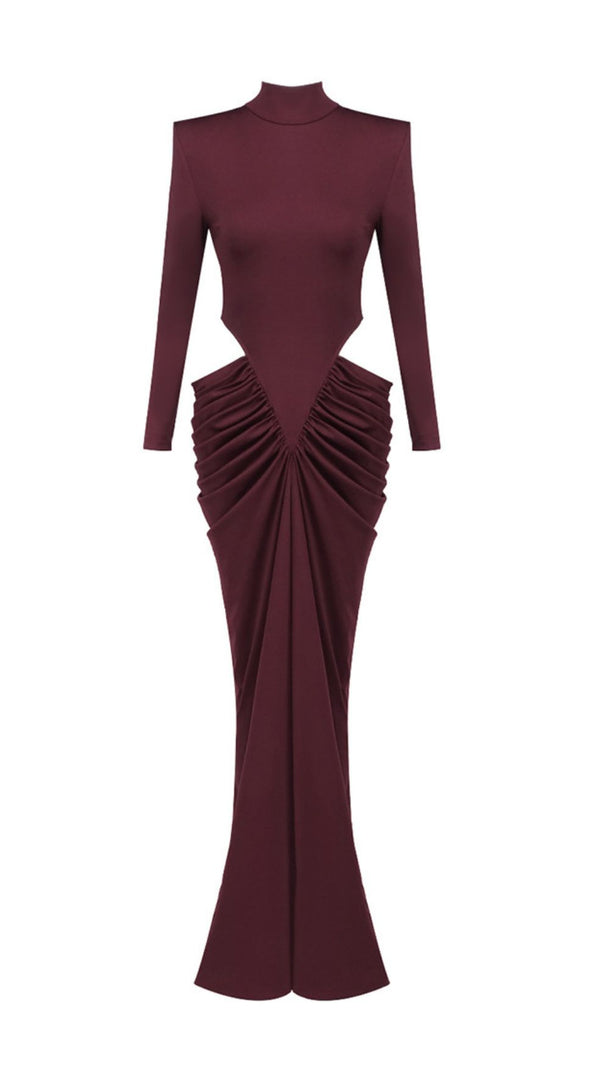AIIZIE Jera Wine Elegant Cutout Ruched Maxi Dress - Long Sleeve Evening Gown - product image