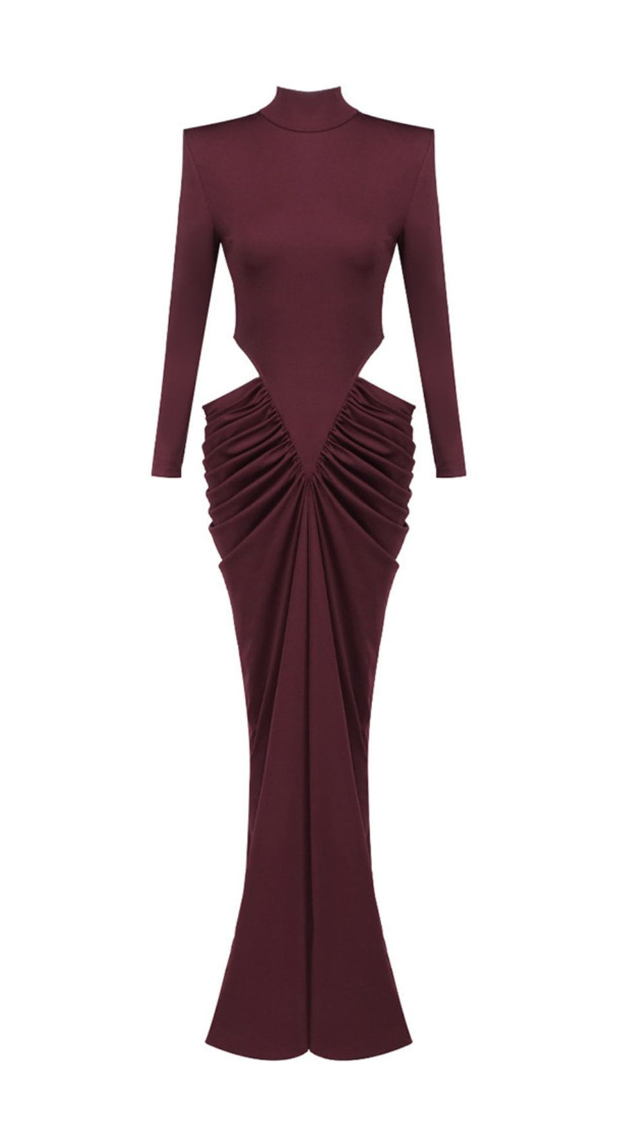 Jera Wine Elegant Cutout Ruched Maxi Dress - Long Sleeve Evening Gown