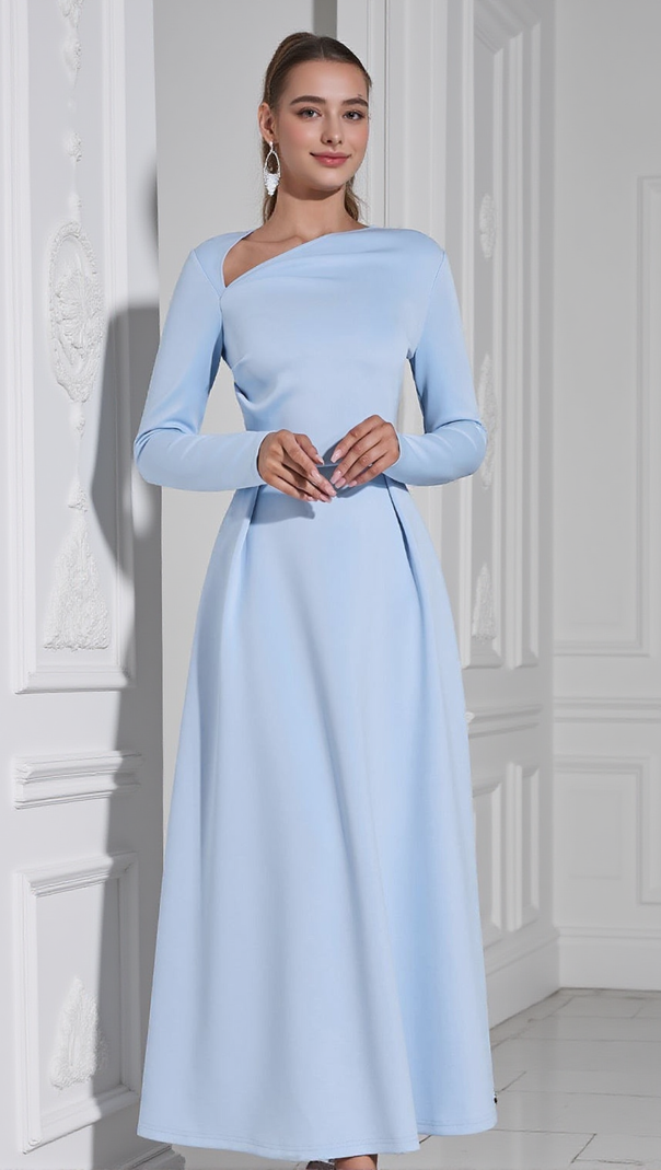 AIIZIE LONG SLEEVE SATIN A-LINE MAXI DRESS IN BLUE - product image