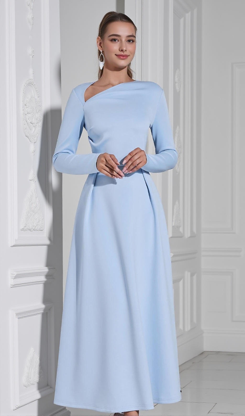 LONG SLEEVE SATIN A-LINE MAXI DRESS IN BLUE