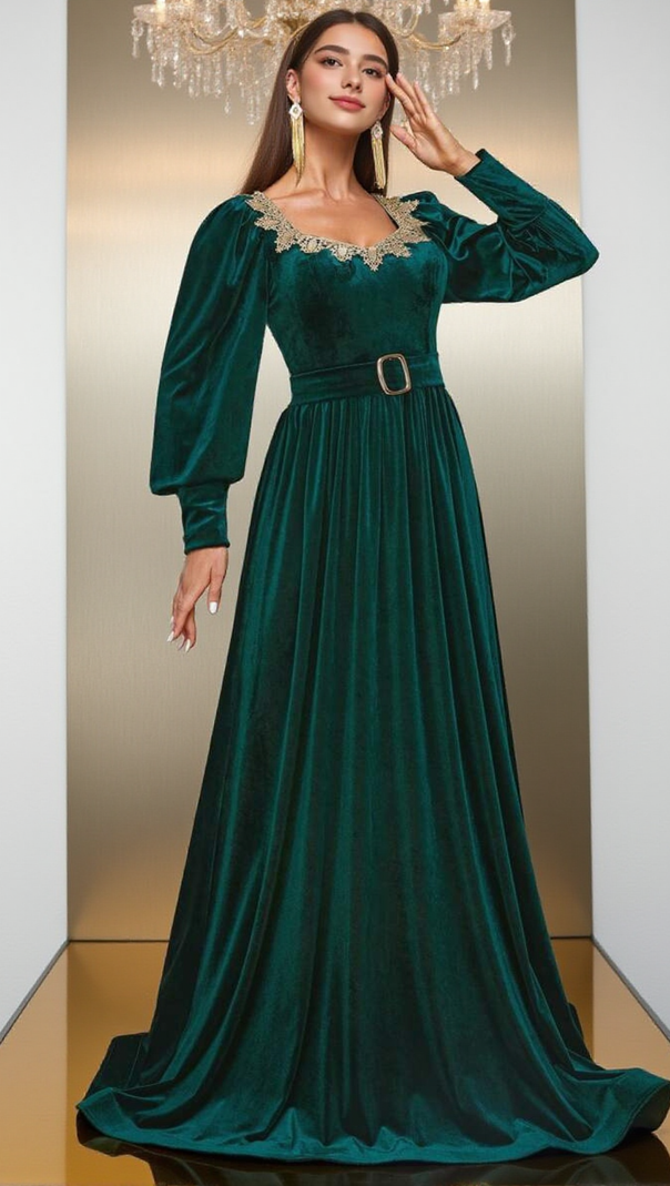 AIIZIE ATHENA VELVET LANTERN SLEEVE MAXI DRESS IN DARK GREEN - product image