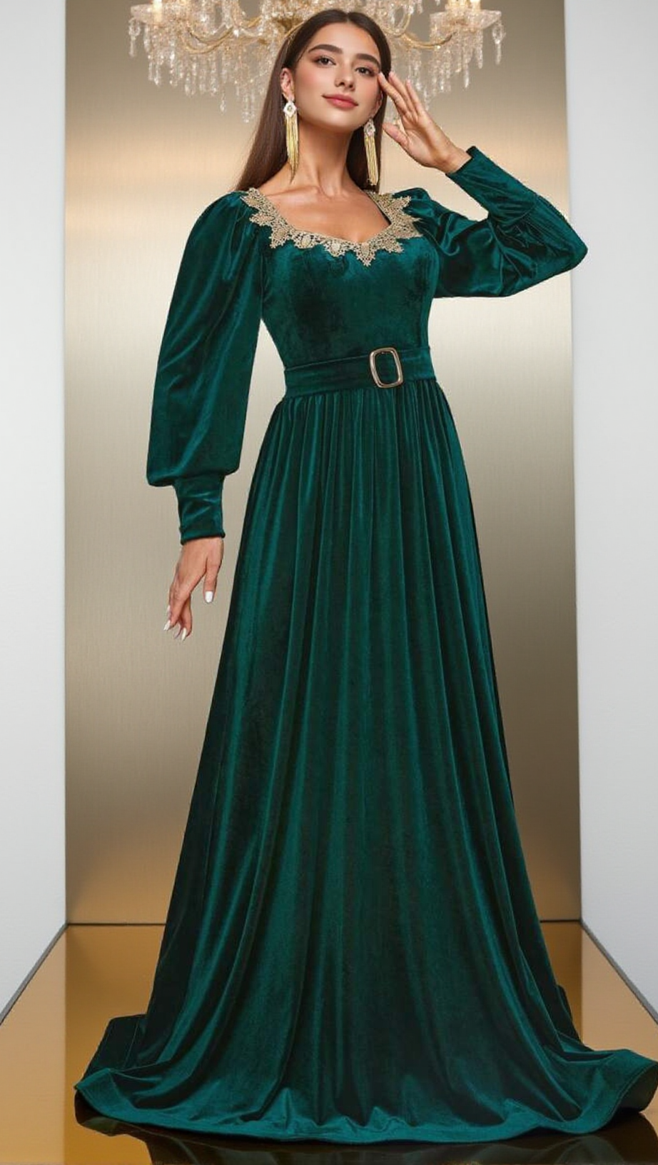 ATHENA VELVET LANTERN SLEEVE MAXI DRESS IN DARK GREEN