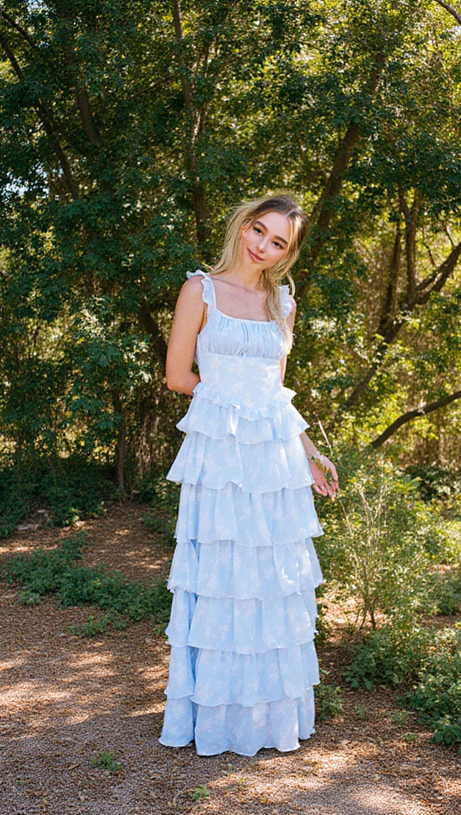 ABITO LUNGO CON BRETELLE AZZURRO