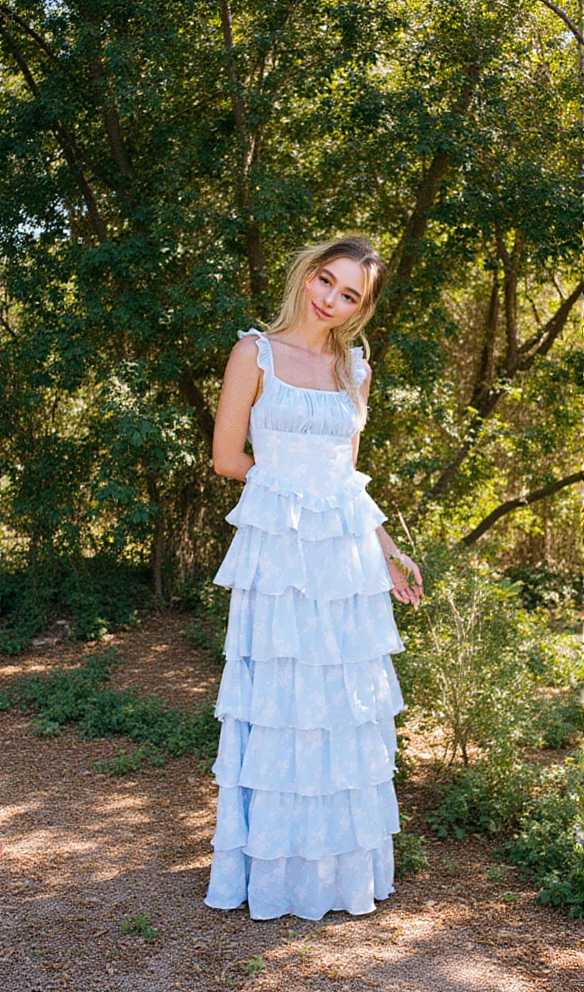 Light blue suspender cake maxi dress