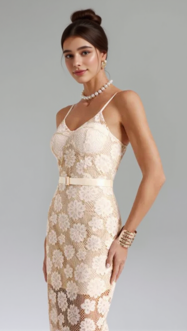 AIIZIE WHITE FLORAL EMBELLISHED LACE BODYCON MAXI DRESS - product image