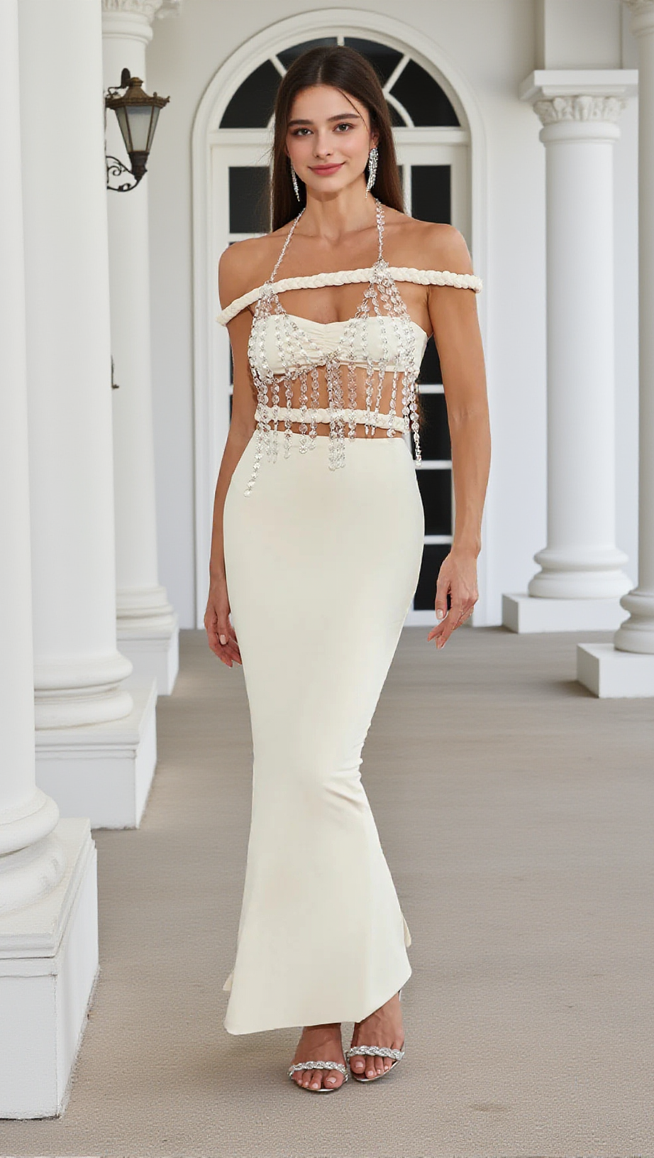 Fischschwanzrock-Set mit Kristallkettenverzierung in Aprikose