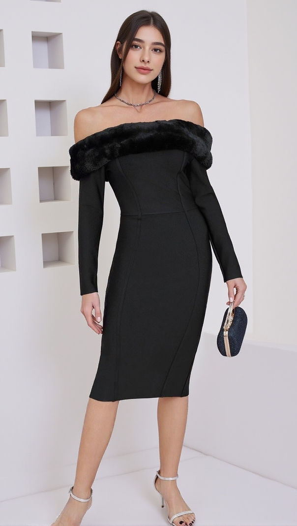 AIIZIE FUZZY TRIM SPLIT BODYCON STRAPLESS MIDI DRESS IN BLACK - product image