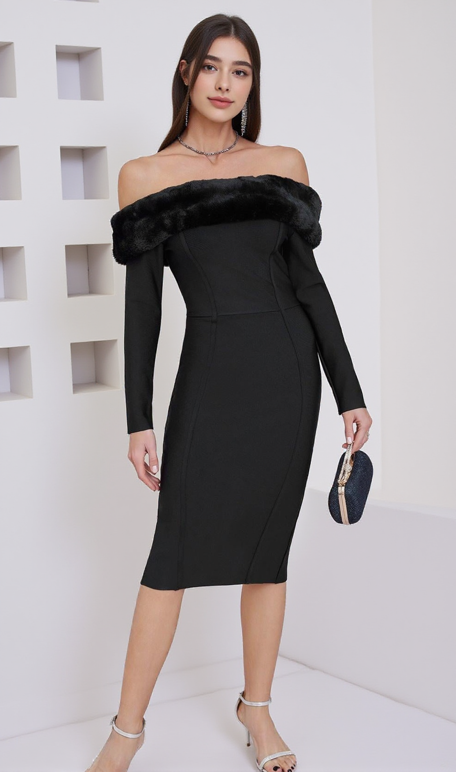 Fuzzy Trim Split Bodycon strapless midi Dress in black