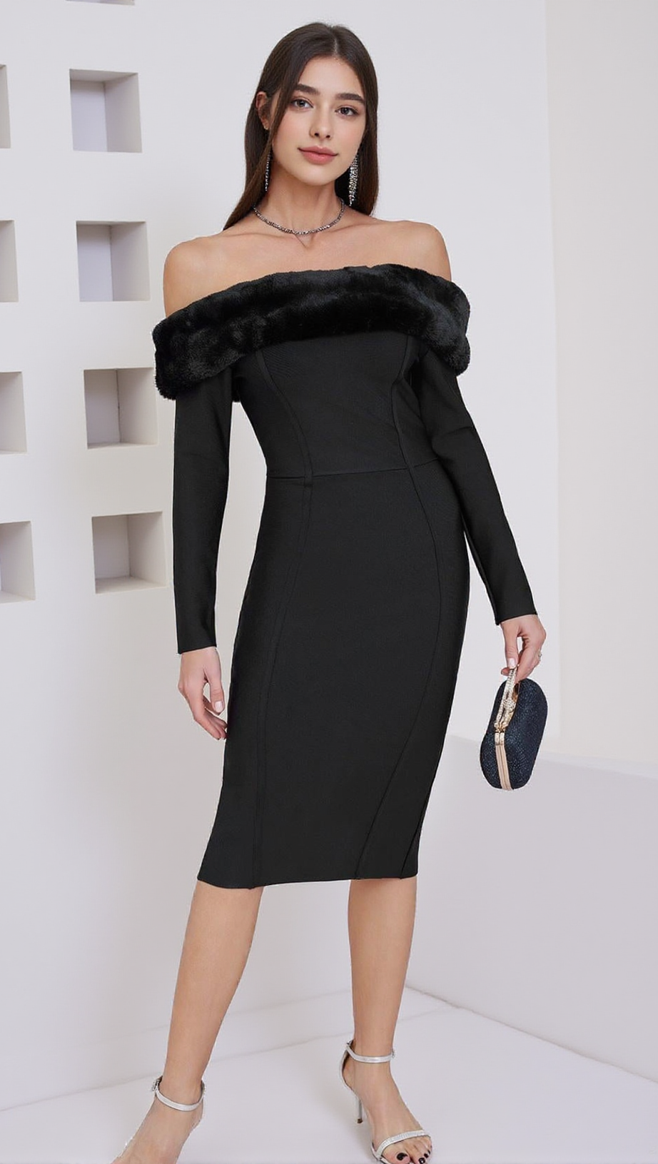 FUZZY TRIM SPLIT BODYCON STRAPLESS MIDI DRESS IN BLACK