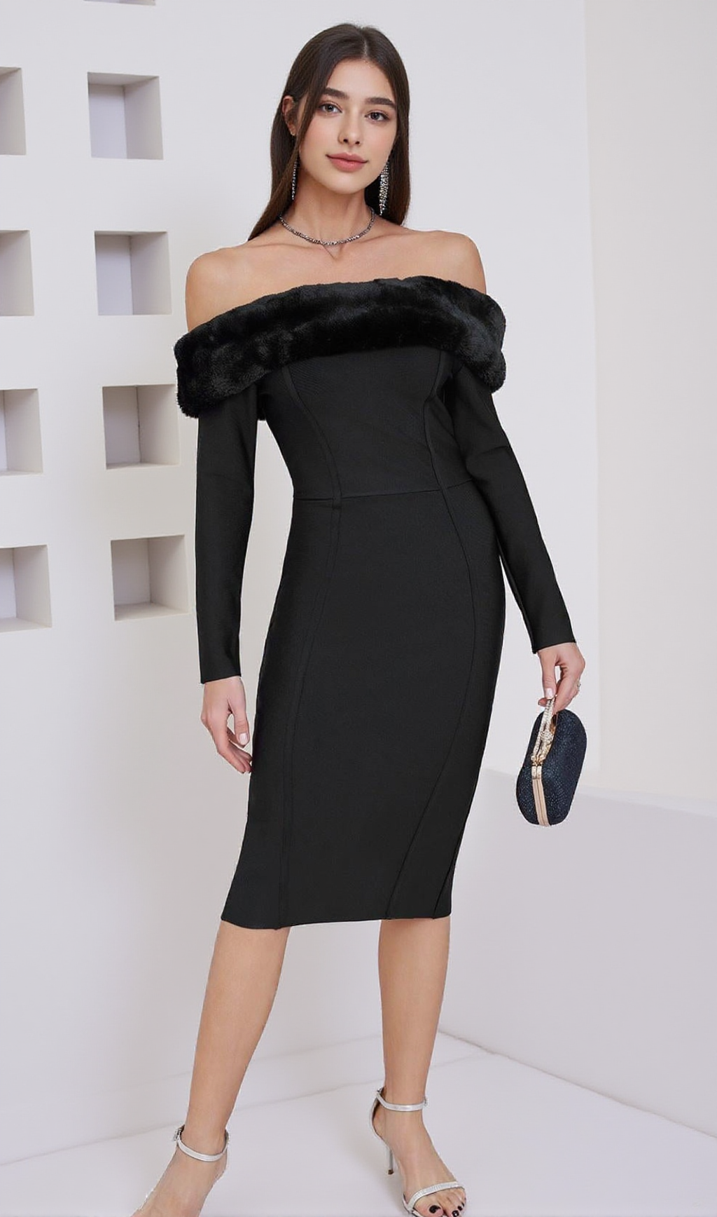 FUZZY TRIM SPLIT BODYCON STRAPLESS MIDI DRESS IN BLACK