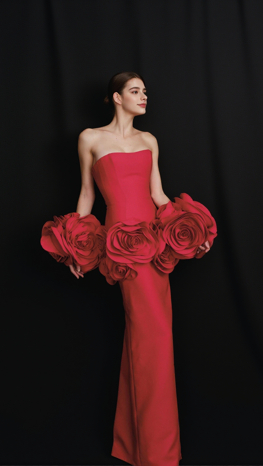 RED STRAPLESS MAXI DRESS WITH FLOWER EMBELLISHMENTS