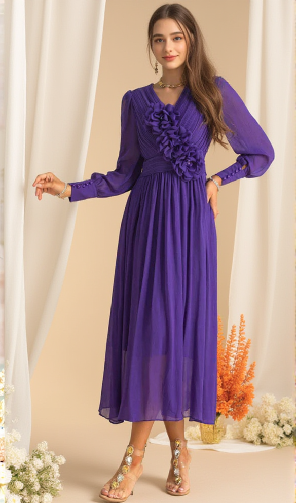 AIIZIE THREE-DIMENSIONAL FLOWER V-NECK PURPLE CHIFFON MAXI DRESS - product image