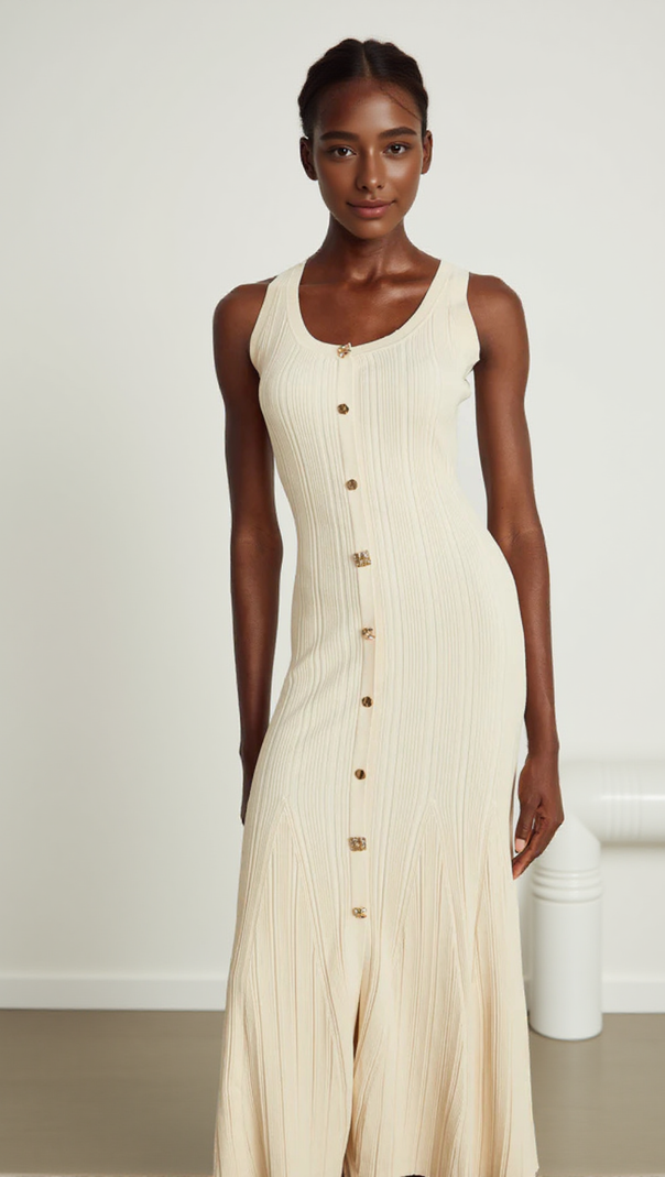 AIIZIE BUTTON-EMBELLISHED RIBBED-KNIT MIDI DRESS IN APRICOT - product image
