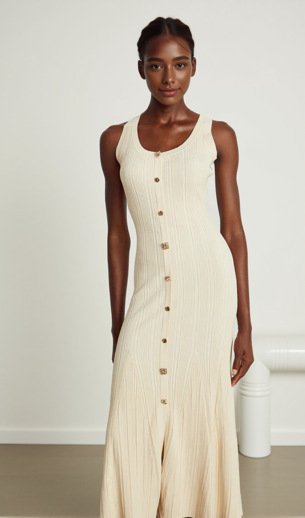 Mit Knöpfen verziertes Midikleid aus Rippstrick in Aprikose