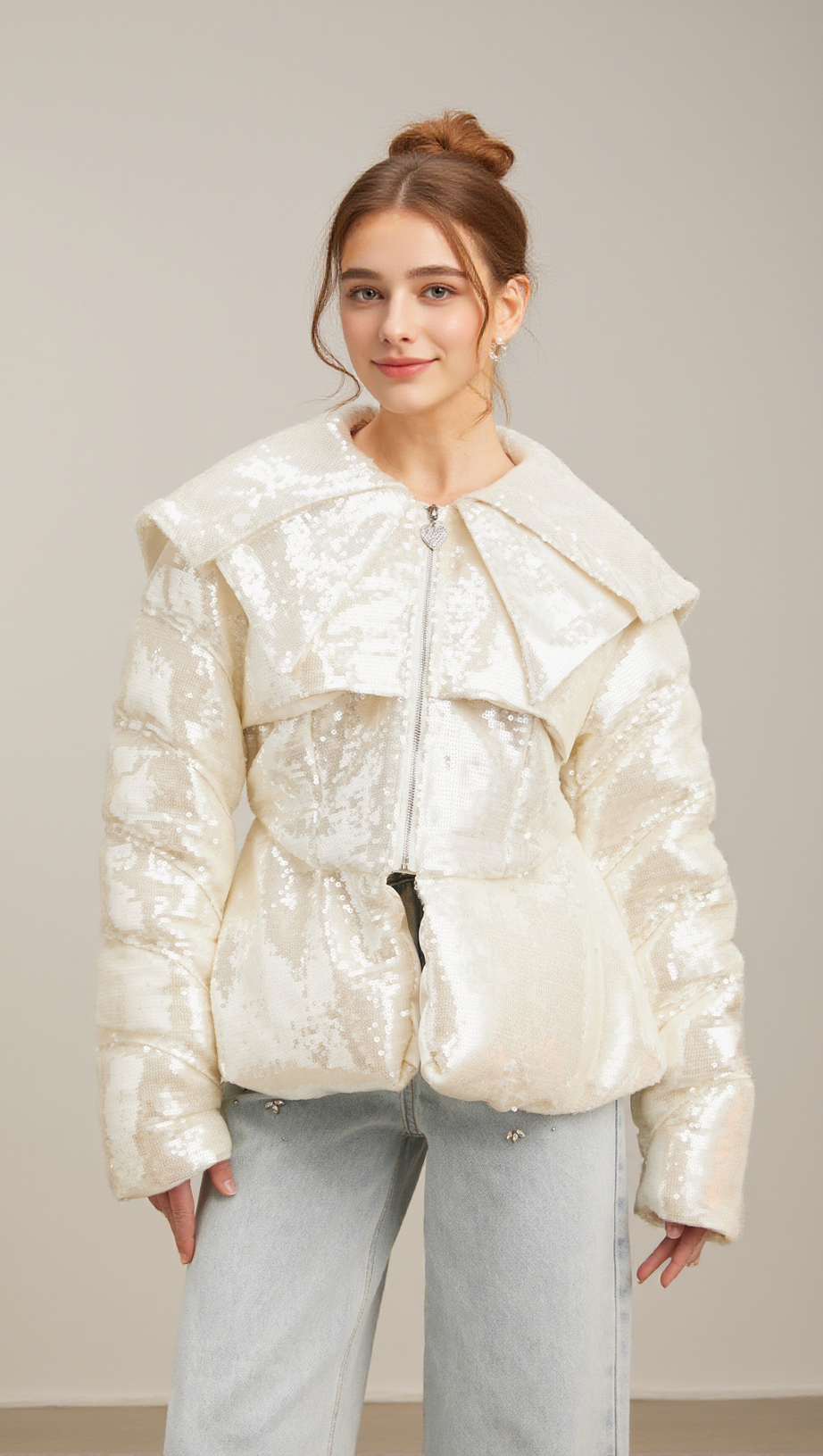JOSLYN WHITE SEQUINED DOWN COAT