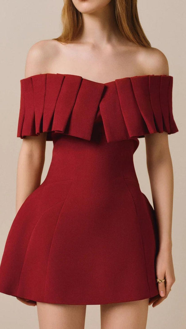 AIIZIE MARCIA OFF-SHOULDER PLEATED MINI DRESS IN RED - product image