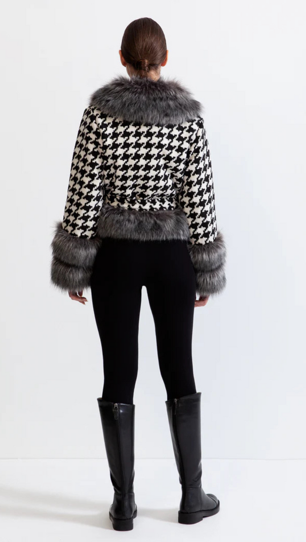 AIIZIE HOUNDSTOOTH WOOL BELTED COAT WITH FUR - product image