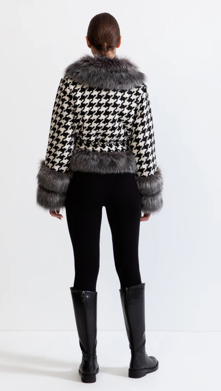 HOUNDSTOOTH WOOL BELTED COAT WITH FUR