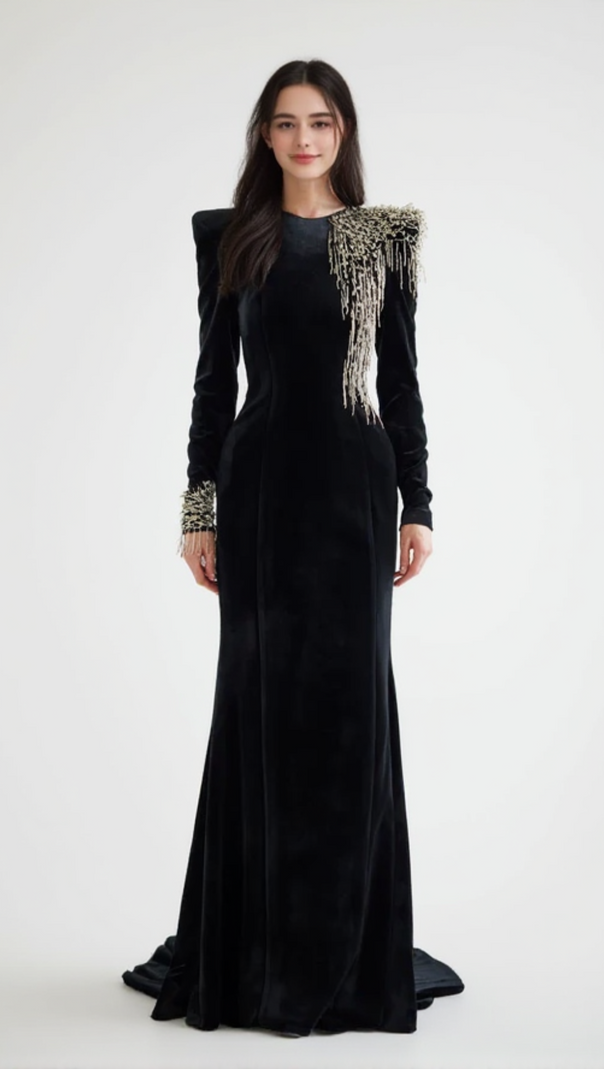 AIIZIE EMBROIDERED VELVET MAXI DRESS IN BLACK - product image