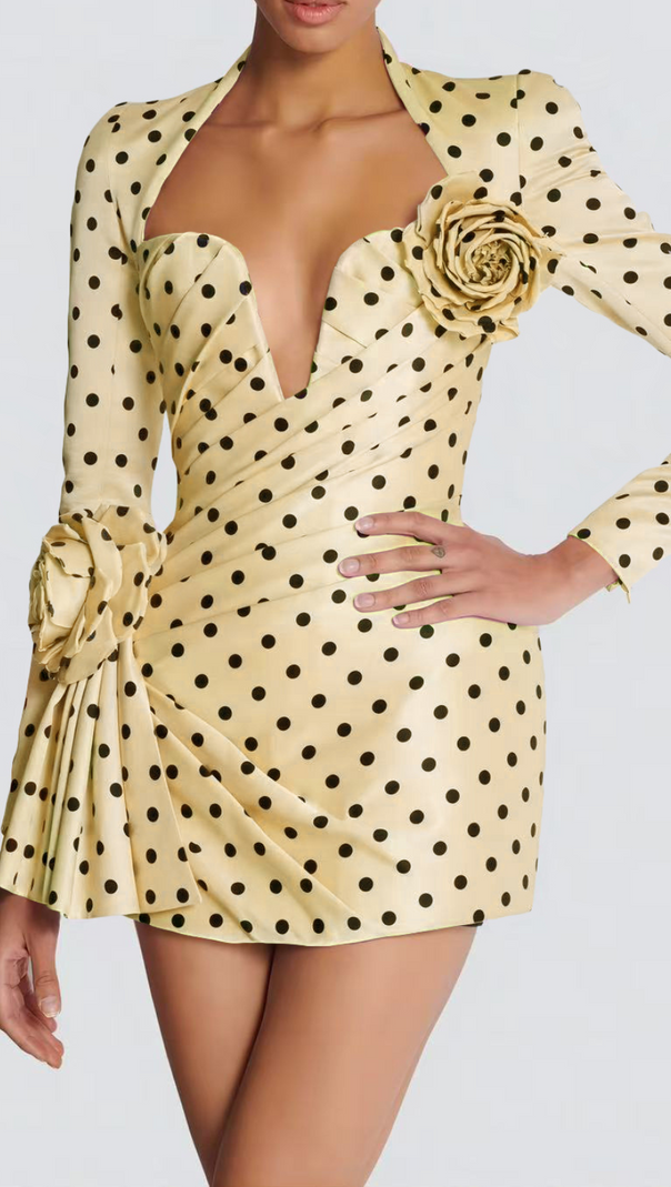 AIIZIE JENNY POLKA DOTS SATIN MINI DRESS IN YELLOW - product image