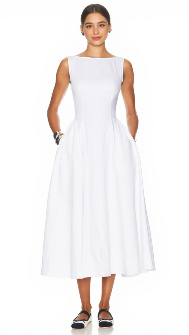 AIIZIE STRETCH COTTON SATEEN MIDI DRESS IN WHITE - product image
