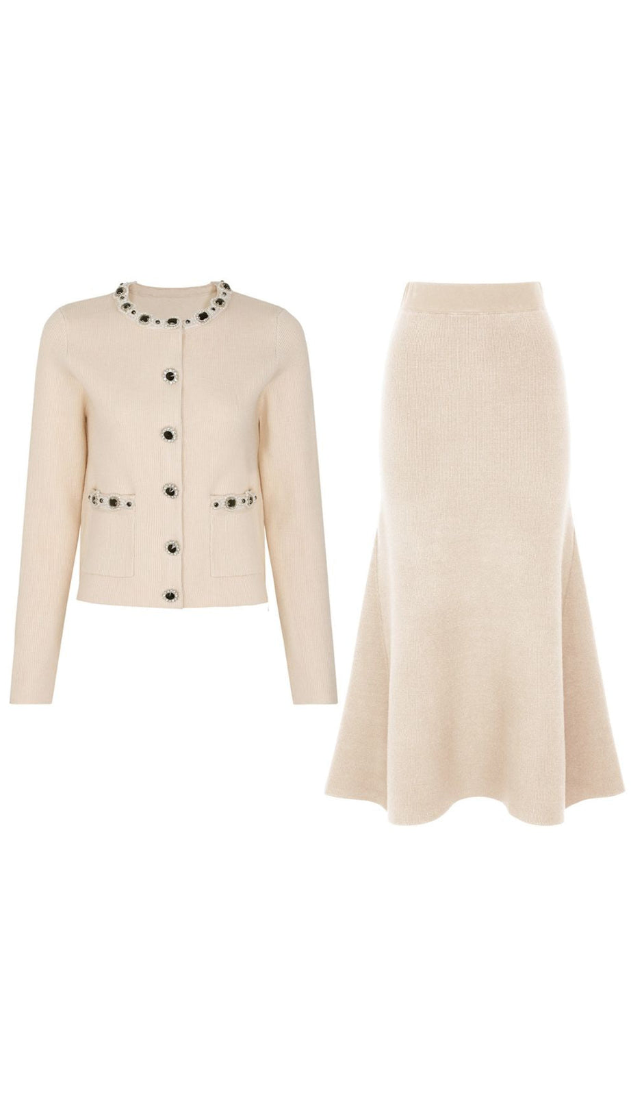 Jie Luxe Knit Embellished Cardigan & Flared Skirt Set - Effortless Apricot Chic