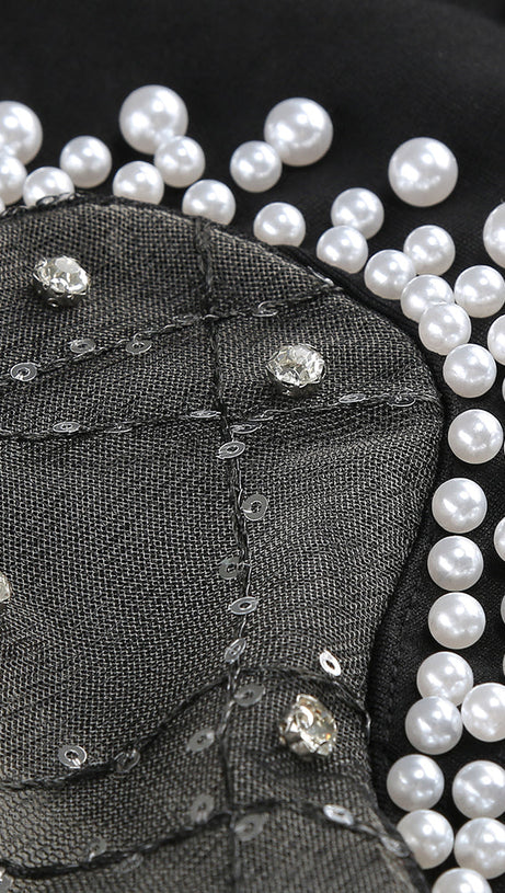 SYMMETRICAL TULLE PEARL EMBELLISHED MINI DRESS IN BLACK