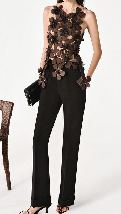 Moyer – Figurbetontes Tülltop mit Blumenapplikation in Schwarz