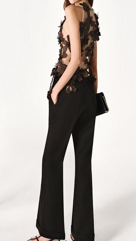 Moyer – Figurbetontes Tülltop mit Blumenapplikation in Schwarz