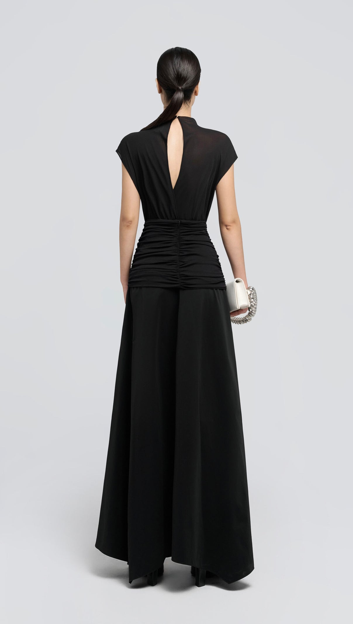 AIIZIE BLACK WAIST CROSS PLEATS MIDI DRESS WITH ASYMMETRIC HEMLINE - product image