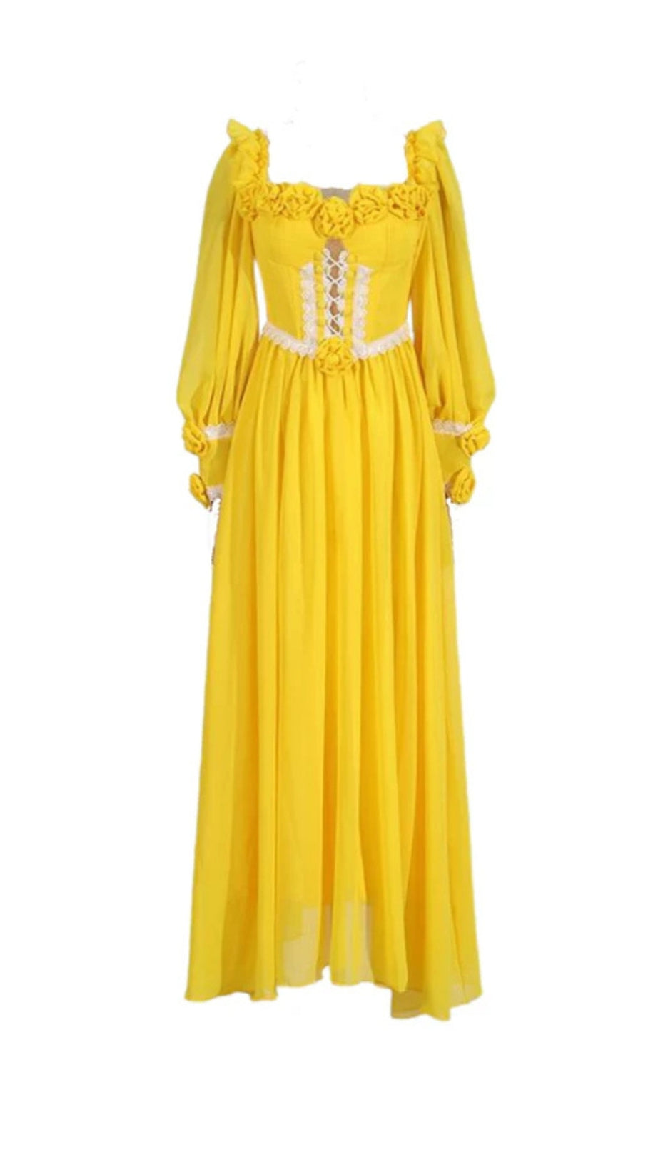 CHIFFON 3D FLOWER LONG SLEEVE MIDI DRESS IN YELLOW