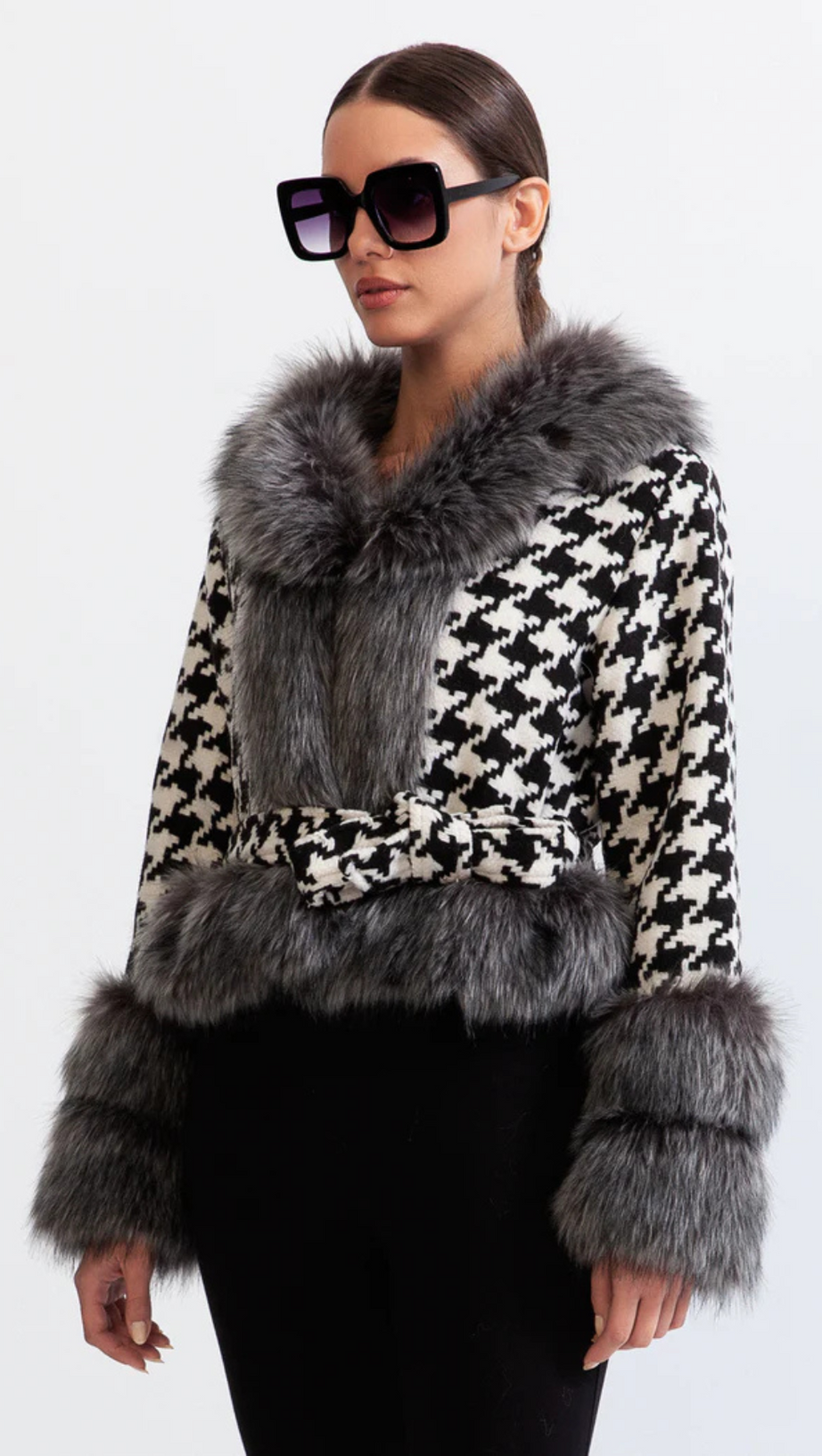HOUNDSTOOTH WOOL BELTED COAT WITH FUR