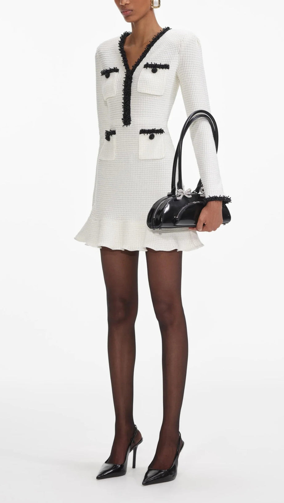 WHITE PEARL TRIM KNIT MINI DRESS