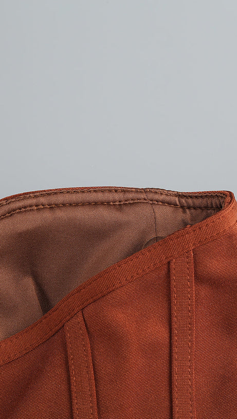 ONE SHOULDER DRAPED GLITTER BROWN CORSET OPEN BACK MAXI DRESS