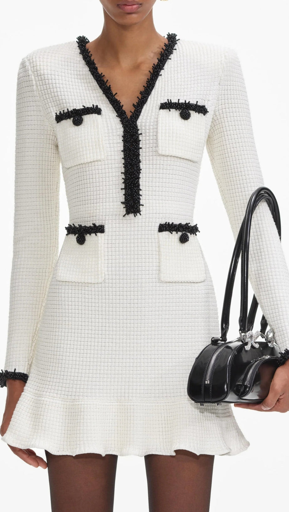 WHITE PEARL TRIM KNIT MINI DRESS