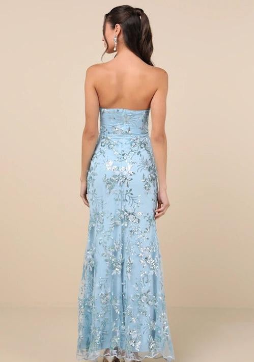 SEQUIN PRINT STRAPLESS BUSTIER MAXI DRESS IN BLUE